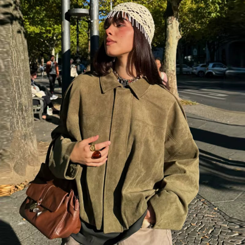 Viral Faux Suede Oversized Cropped Bomber Jacket