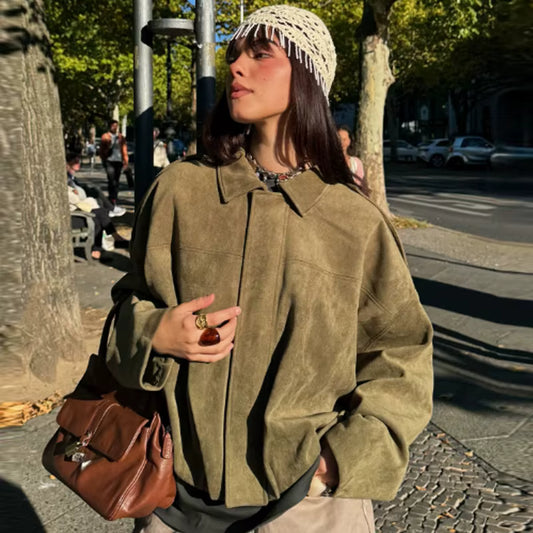 Viral Faux Suede Oversized Cropped Bomber Jacket